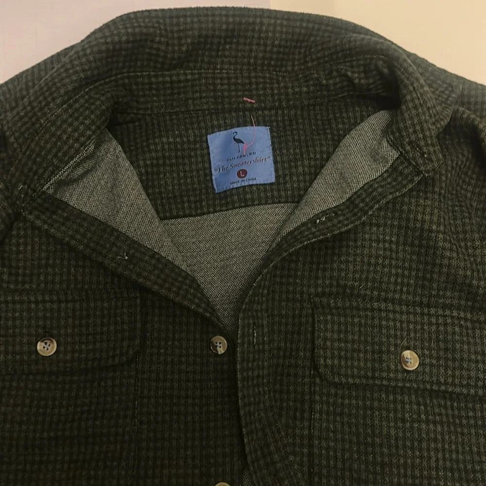 TailorByrd Olive Green Houndstooth Heavyweight Button Down Flannel Large - Picture 1 of 5